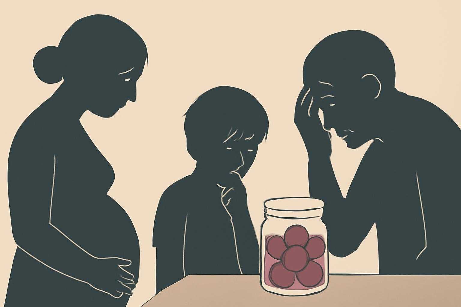 妊婦、子ども、高齢者を表す3つのシルエットが心配そうに見つめている