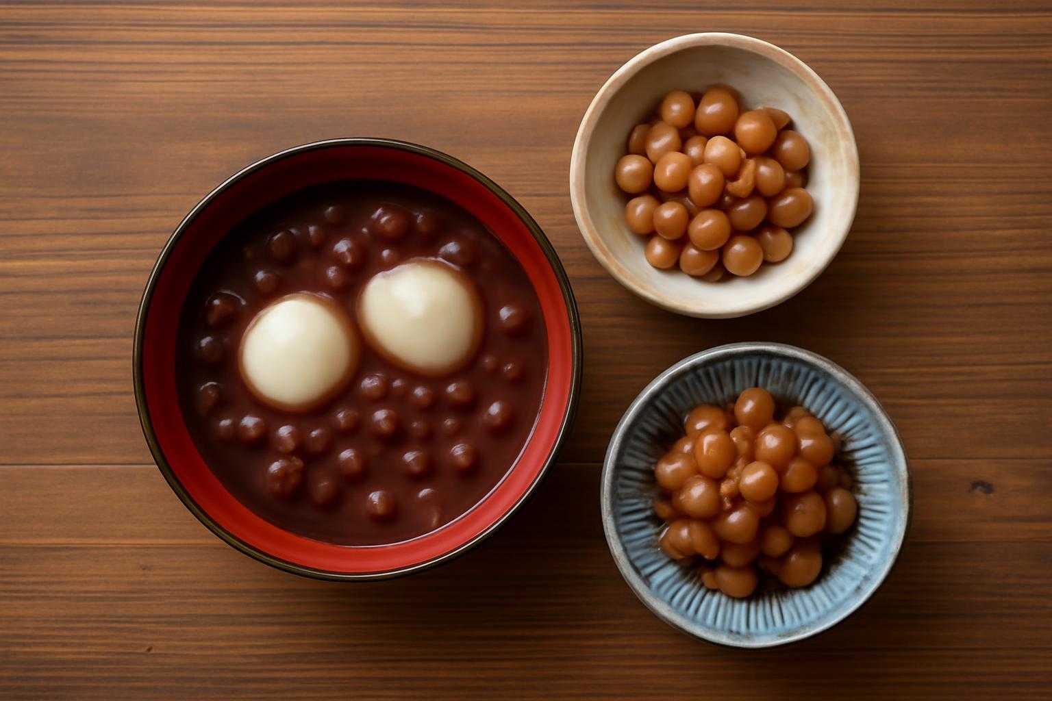 小豆と金時豆を使った3種類の料理が並んでいる様子