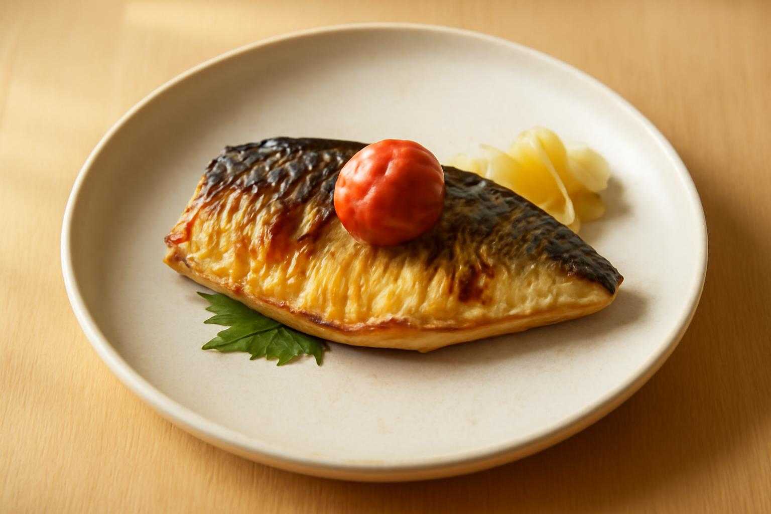 鯖と梅干しを使った和食料理の盛り付け例