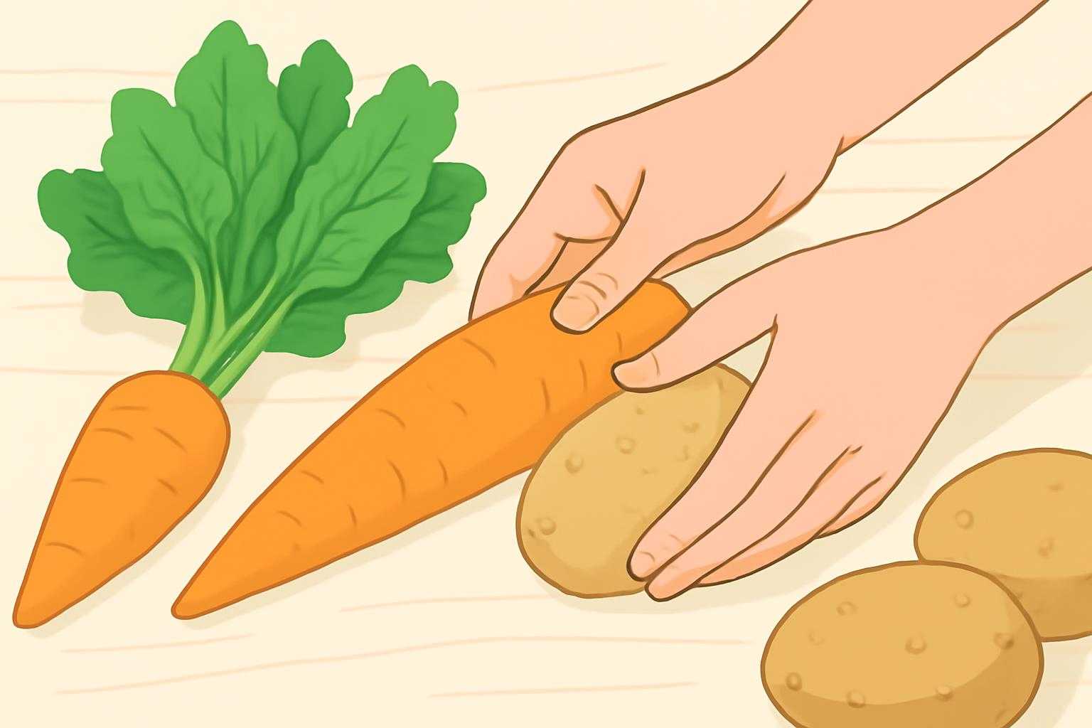 新鮮な野菜を手に持ち、色や質感を確認している様子