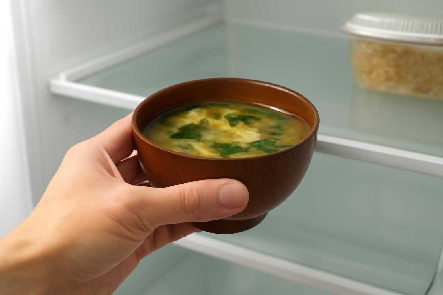 味噌汁の容器を冷蔵庫に入れている手元