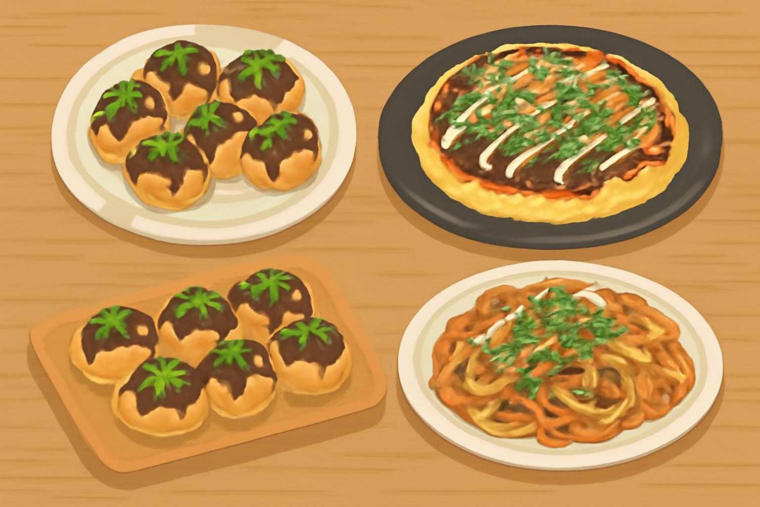 たこ焼きやお好み焼きなど様々な料理に青のり代用品をかけている様子