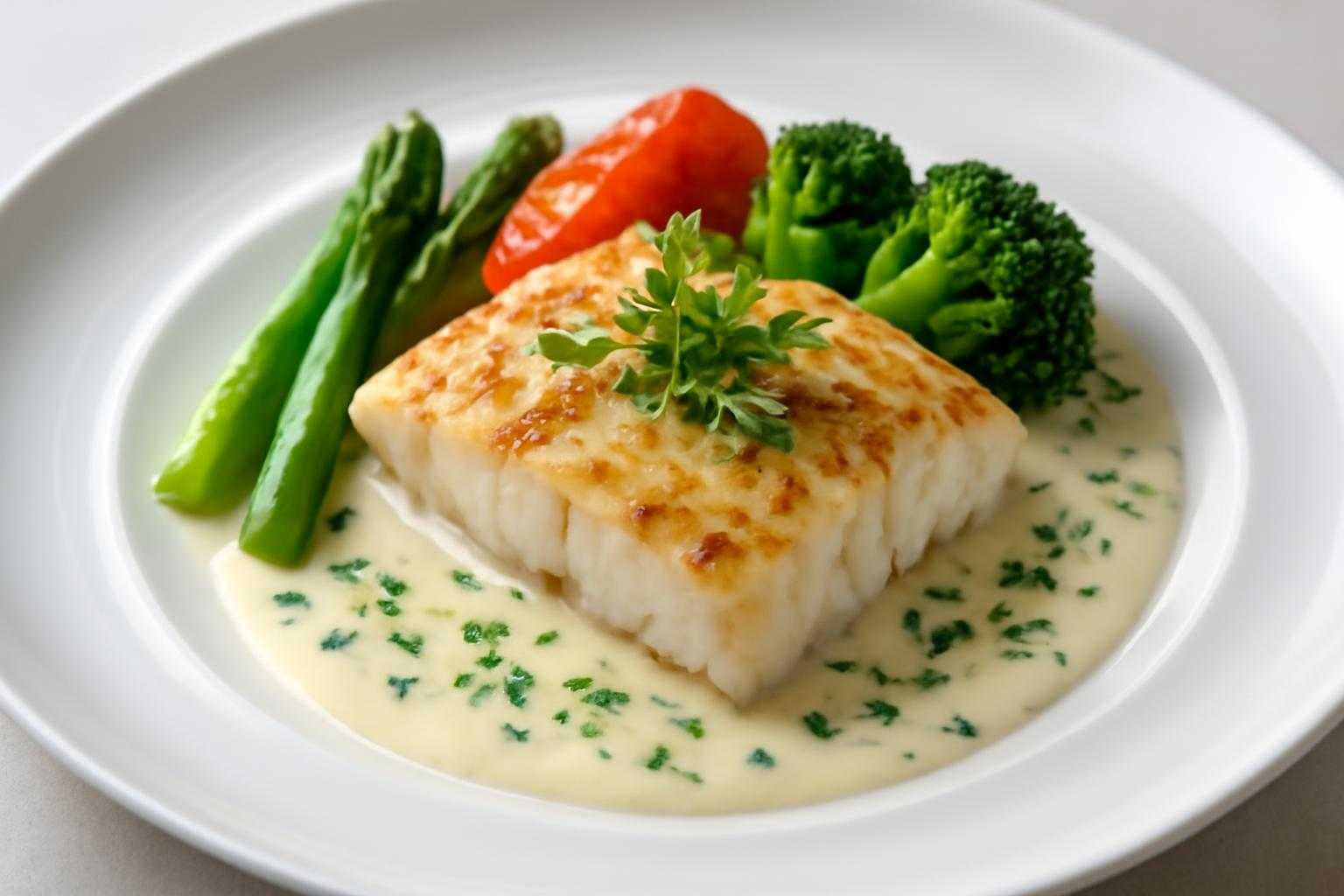 白ワインソースがかかった魚のフィレと野菜が盛られた優雅な一皿
