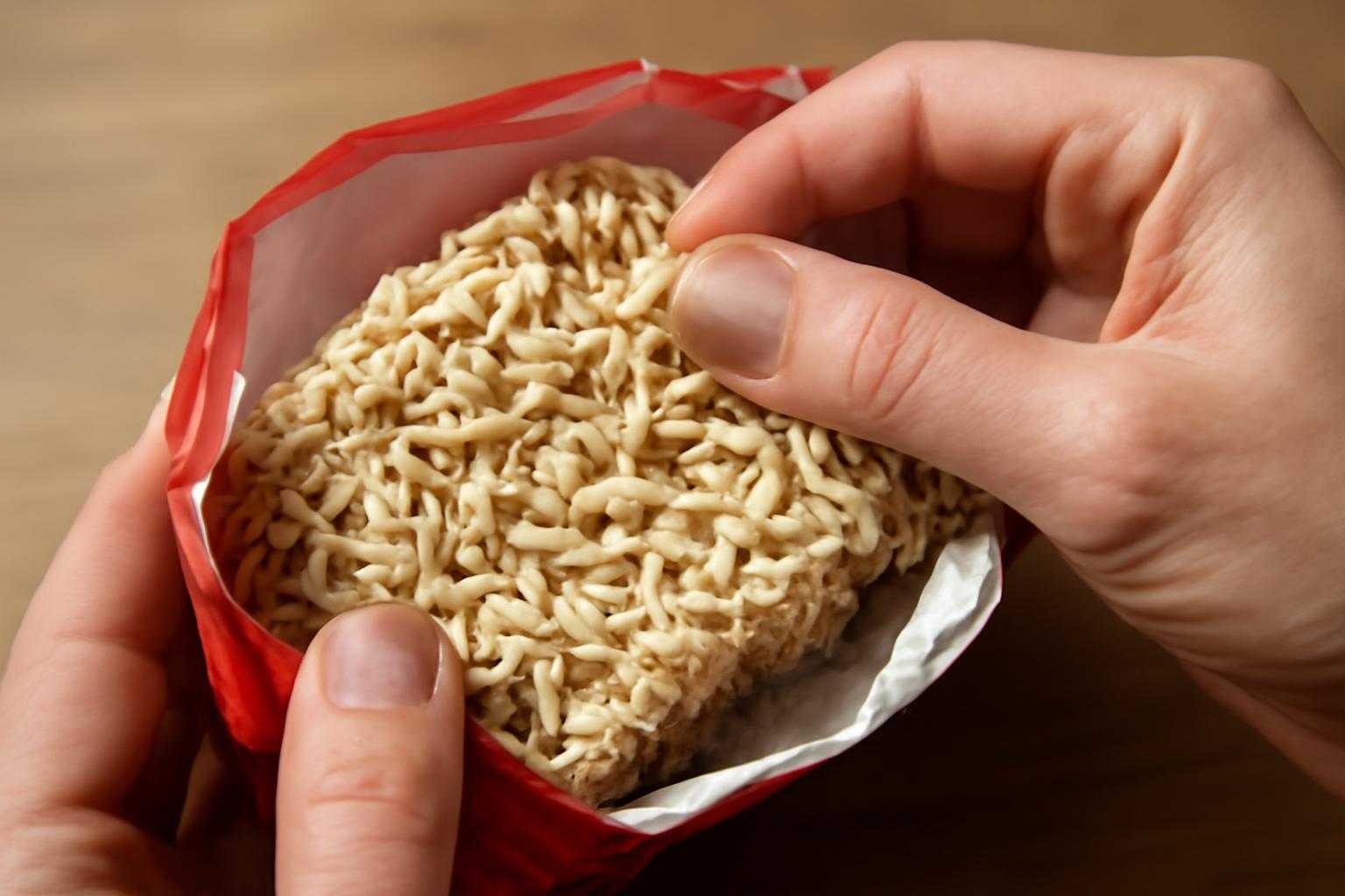 賞味期限切れの焼きそば麺を確認する様子