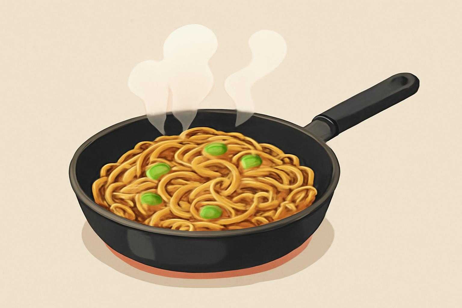 焼きそば麺を加熱調理している風景