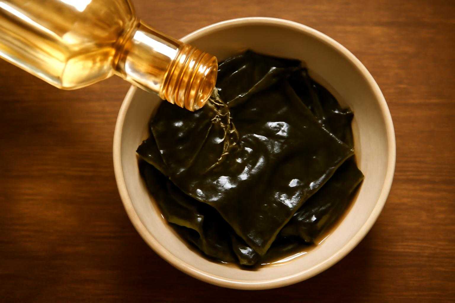 酢の瓶から昆布の佃煮に注がれる様子を表現した画像