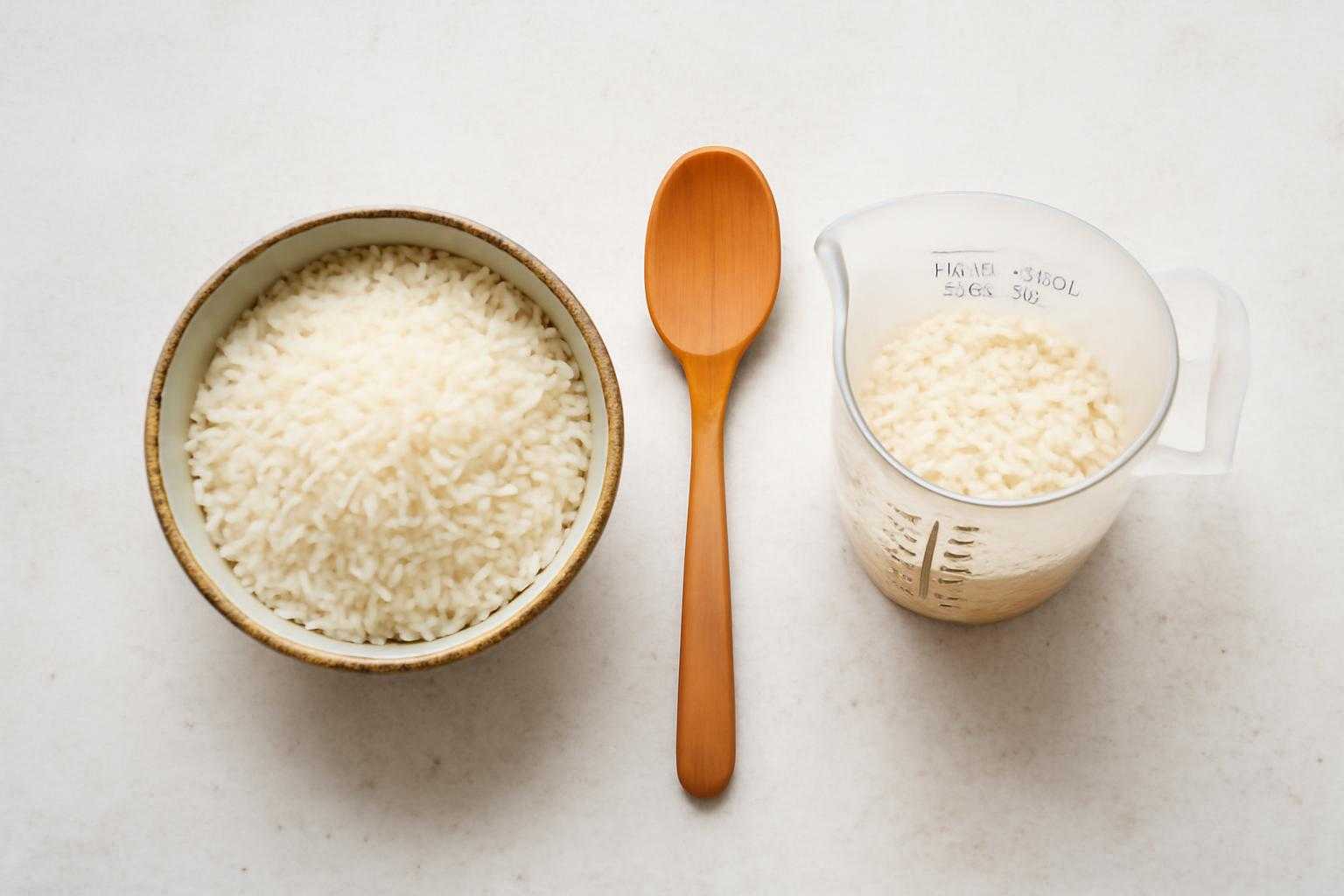 ごはんの量を計量スプーンと茶碗で測る様子