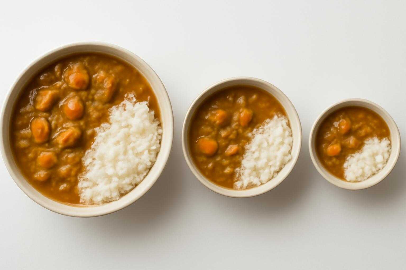 男性・女性・子どもがそれぞれ異なる量のご飯とカレーを盛った3つの皿