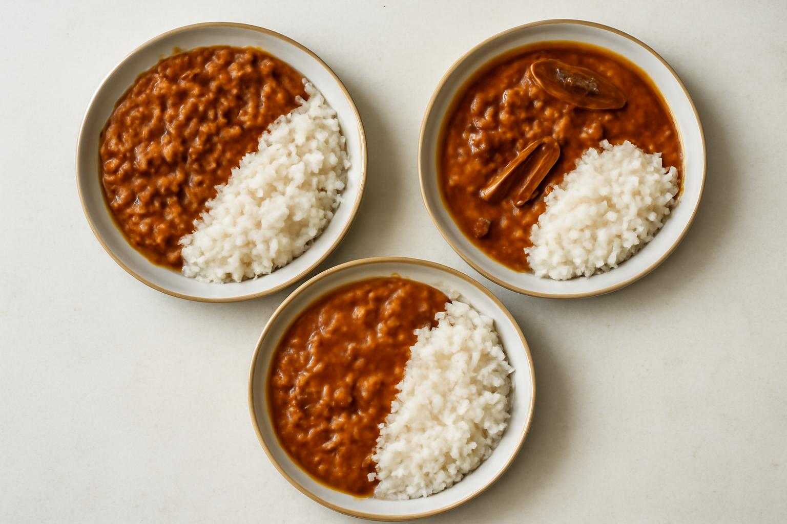 キーマ・スパイス・ルウの3種類のカレーとそれぞれに合うご飯量の組み合わせ