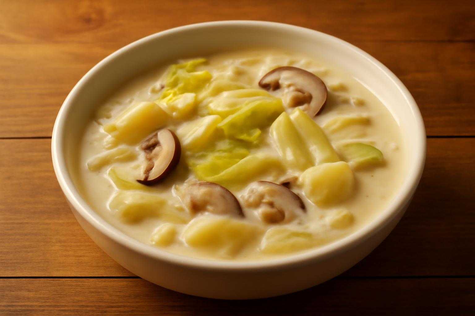 白菜を使った豆乳シチューが器に盛られている様子