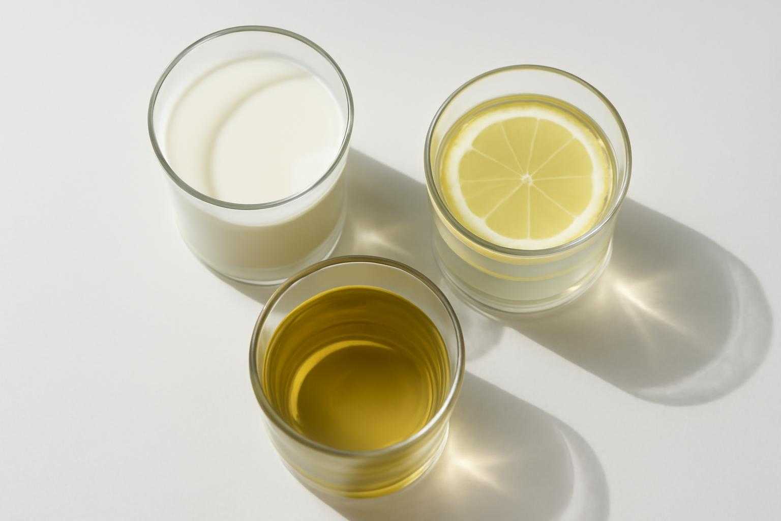 牛乳、レモン水、緑茶などのニンニク臭を消す飲み物が机の上に並んでいる様子
