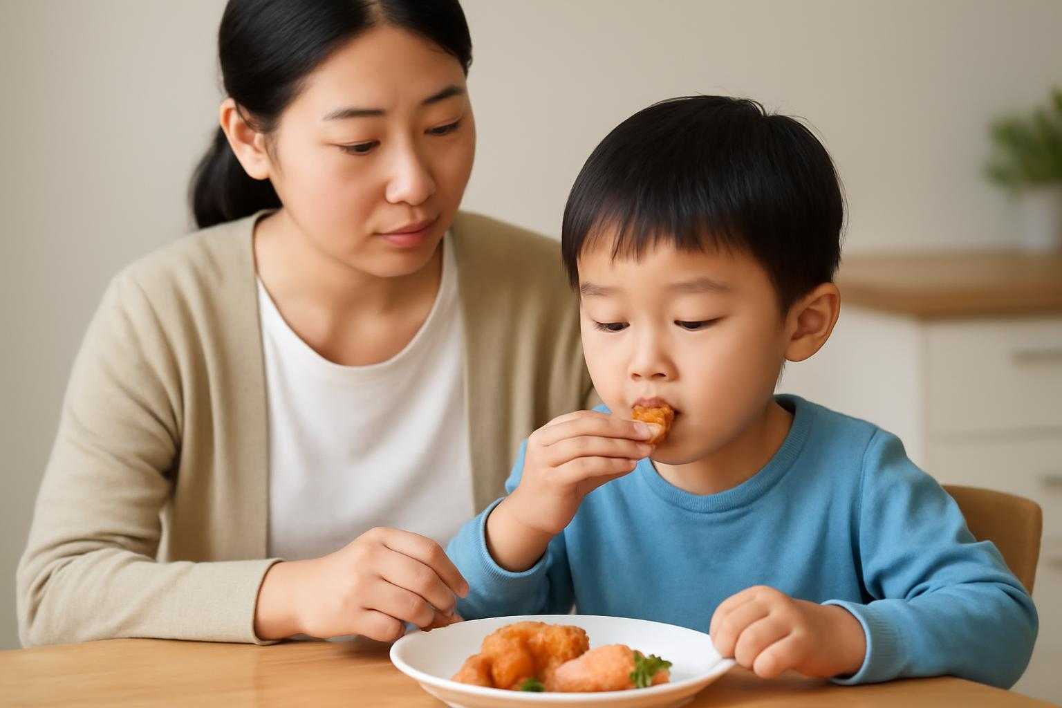 親が子供にカキフライを食べさせる際の注意深い様子