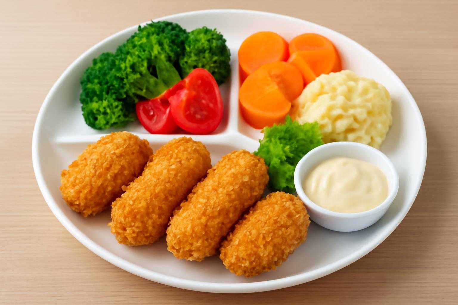 カキフライと野菜が盛られた栄養バランスの良い子供用プレート