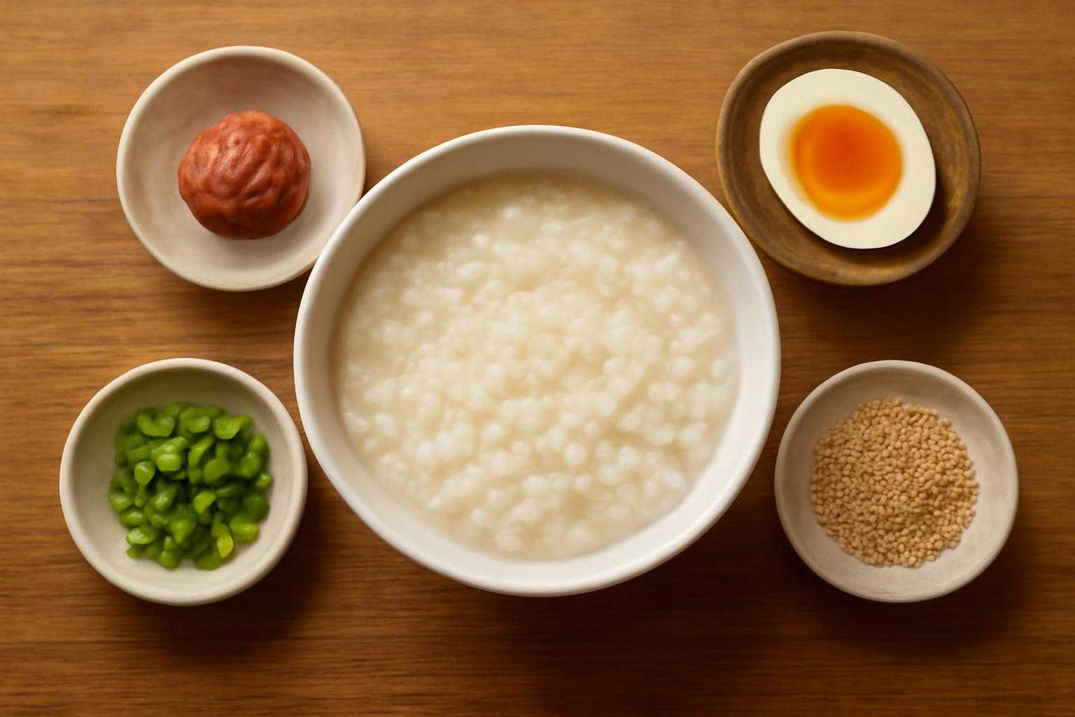 白いお椀に盛ったおかゆに梅干しや卵など複数のトッピングが添えられている