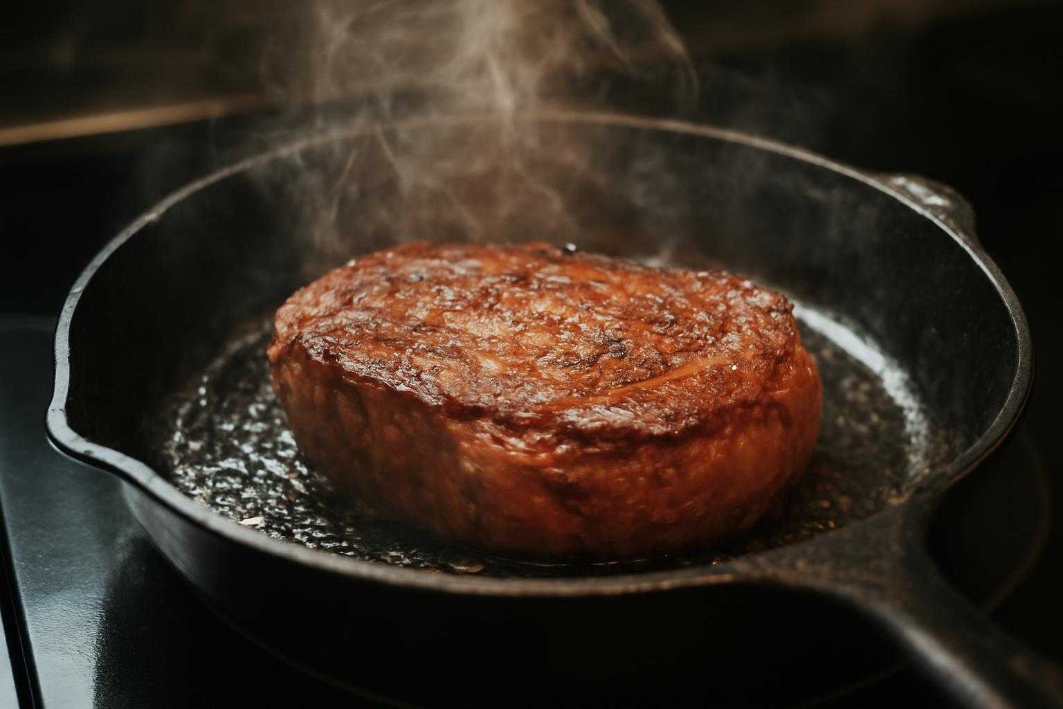 フライパンで牛肉を焼いている調理シーン