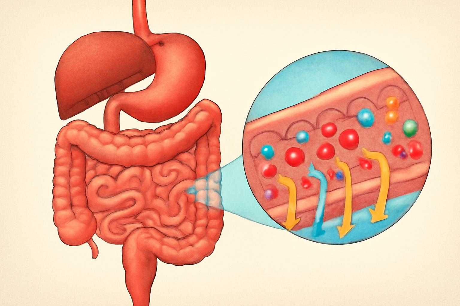 消化器官と栄養吸収のイメージを表現した医学的なイラスト