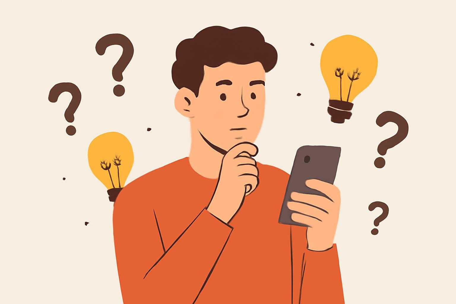 スマートフォンを持ちながら疑問の表情で考える様子