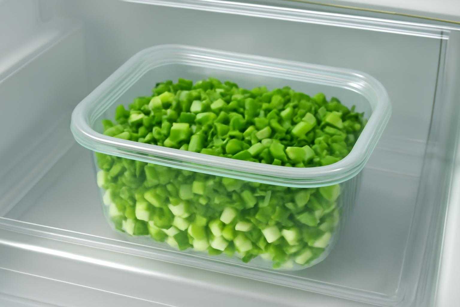 冷蔵庫の野菜室にタッパーに入ったカットネギが保存されている様子