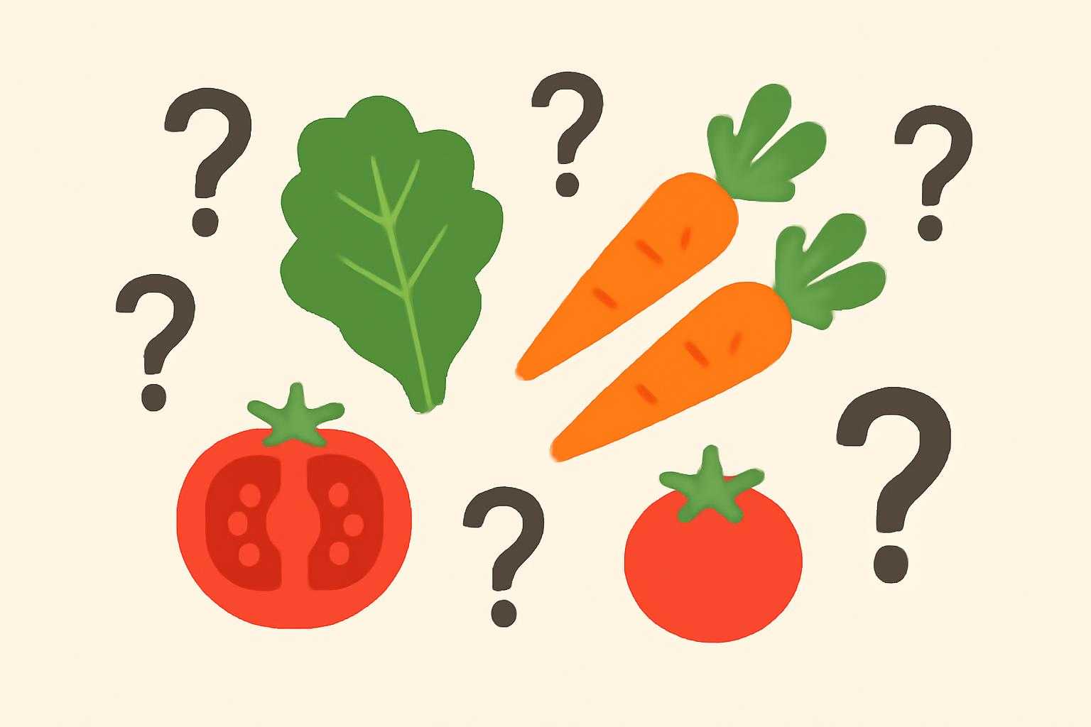 疑問符と野菜が描かれたシンプルなフラットイラスト