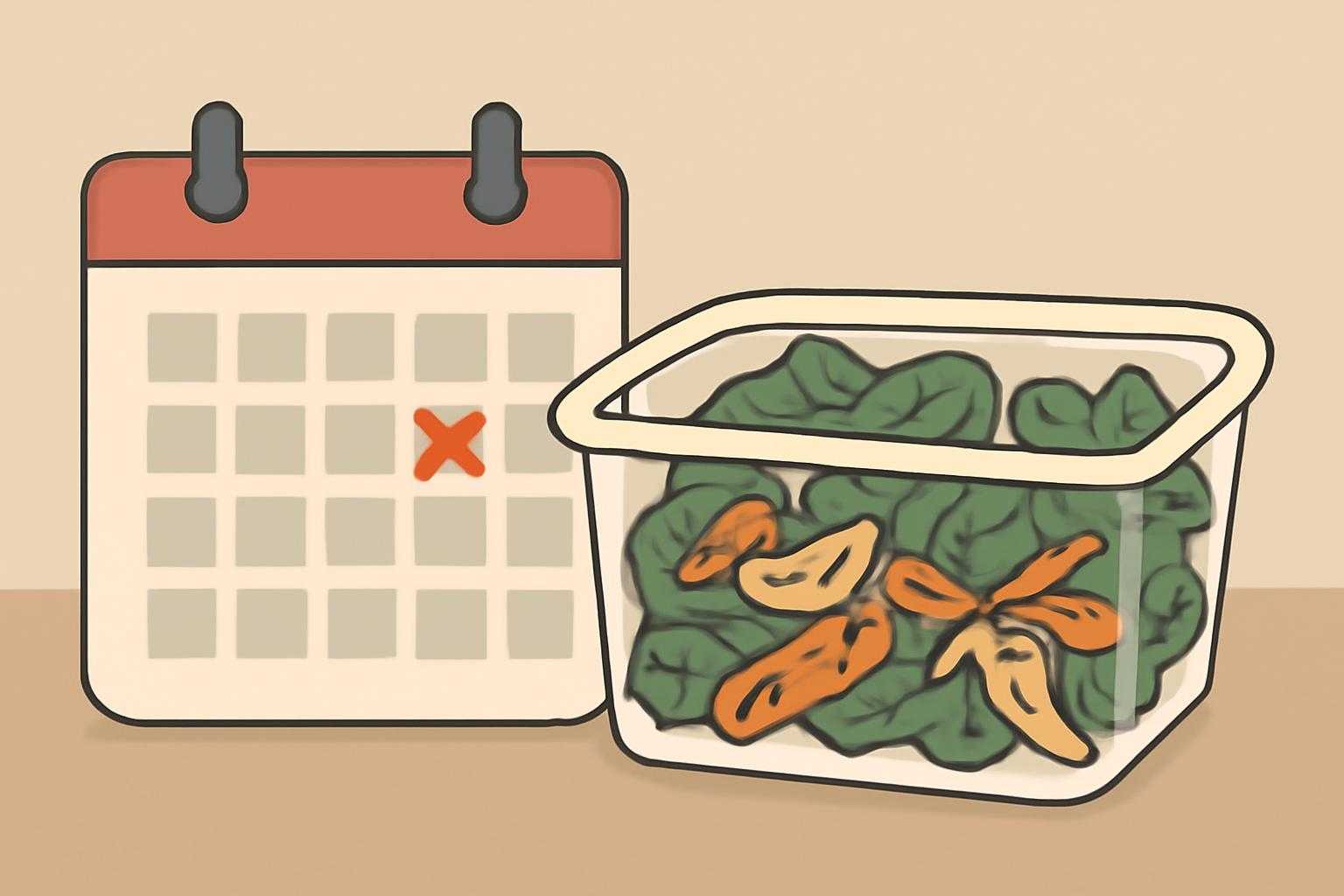 消費期限切れのカット野菜と日付を示すカレンダーの対比