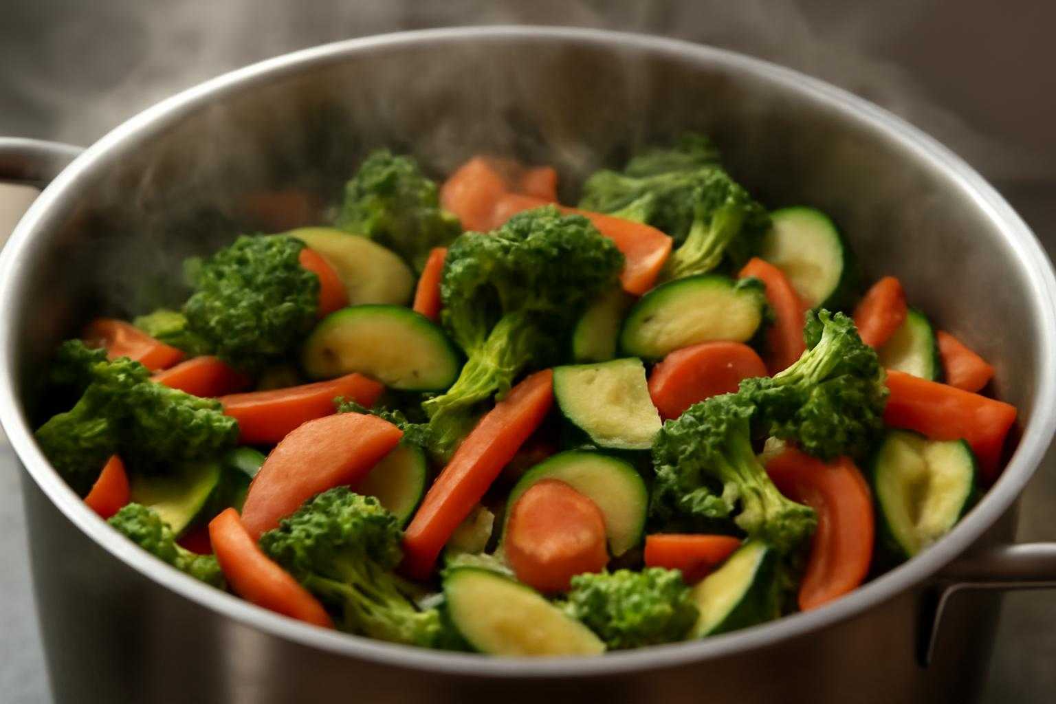 野菜を鍋で加熱調理している様子、湯気が立っている