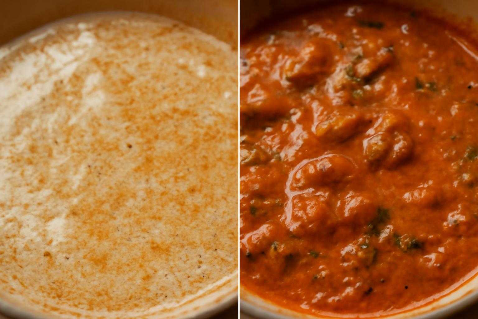 カレーの表面の白い膜と新鮮な状態を比較した画像