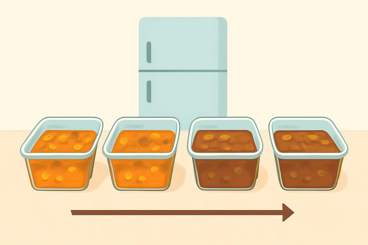 冷蔵庫での食品保存とカレーの劣化過程を示した画像