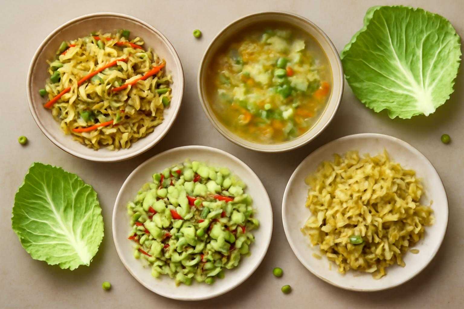 キャベツを使った炒め物、スープ、サラダなどの料理