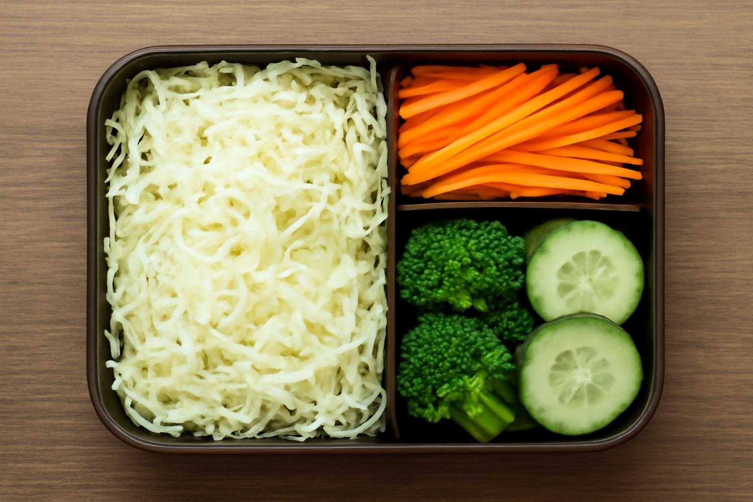 弁当箱の中にキャベツが敷き詰められた状態