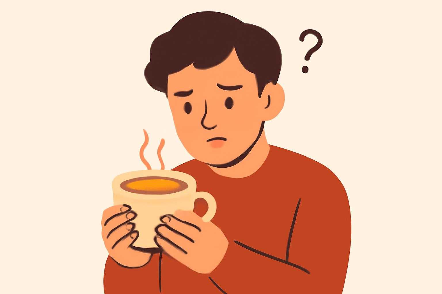 疑問を持つ人が考えながらスープカップを見つめている様子