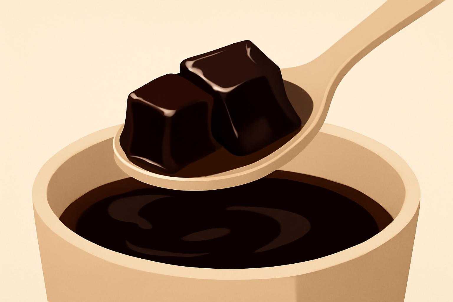 賞味期限が切れたコーヒーゼリーをスプーンですくう様子