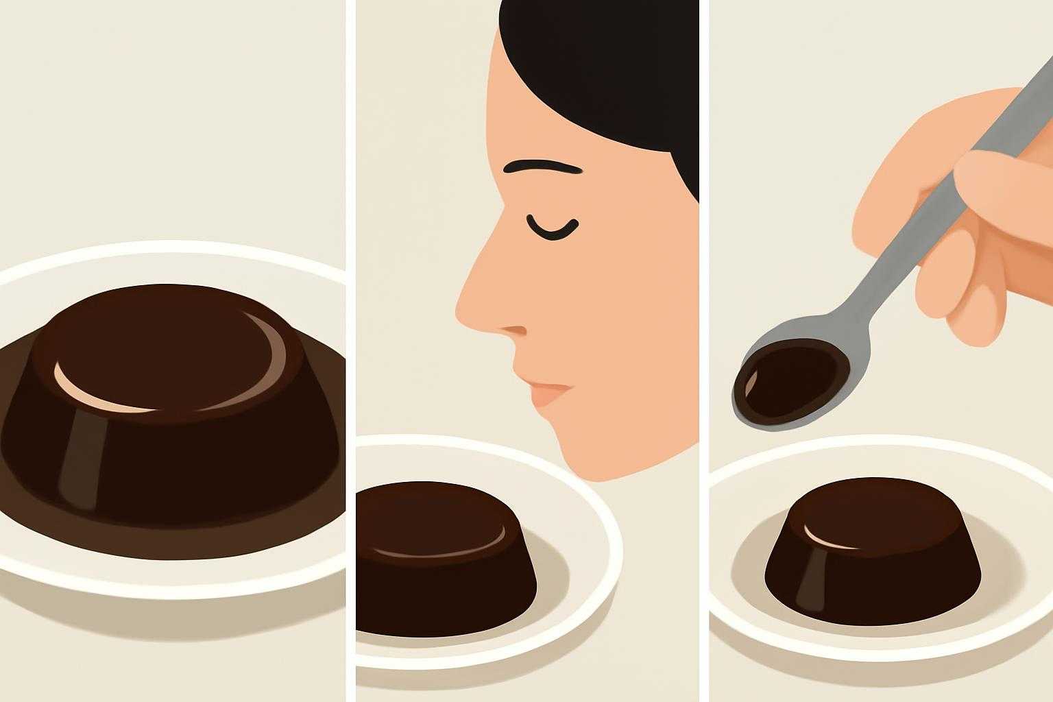 コーヒーゼリーの色、におい、食感を確認する3つの要素