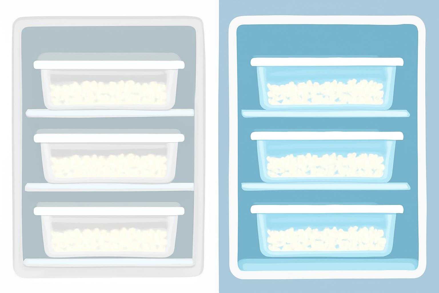 冷蔵庫と冷凍庫の中にご飯が入っている比較画像