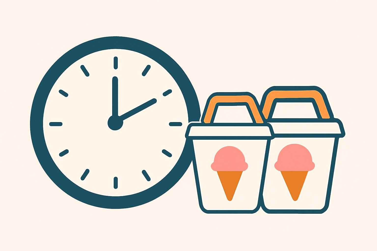 時計と持ち帰り用のアイスクリームの箱が並んだイメージ