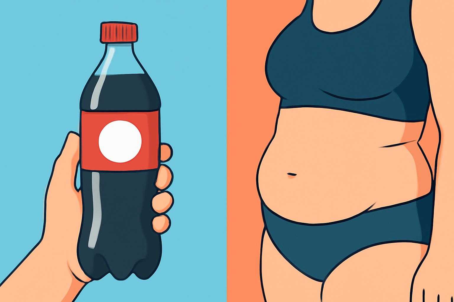 ゼロカロリー飲料を飲む人と、体に蓄積する脂肪のコントラスト