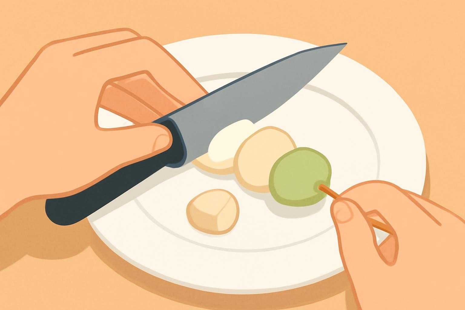 子供が安全に食べるために団子を小さく切っている手元