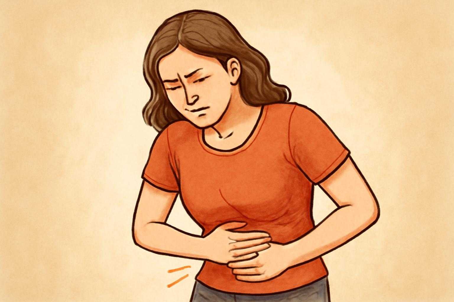 お腹が痛くなった女性が腹部を押さえている様子