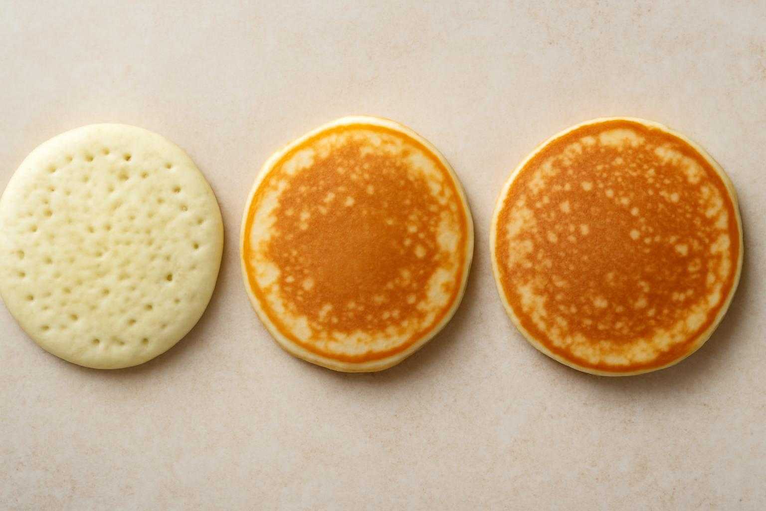 焼き加減の異なるホットケーキを並べた比較画像