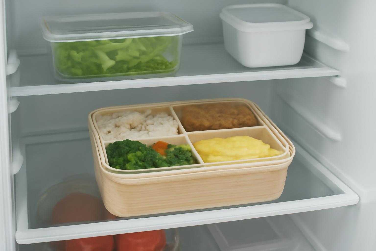冷蔵庫の中に整理して保存されたお弁当