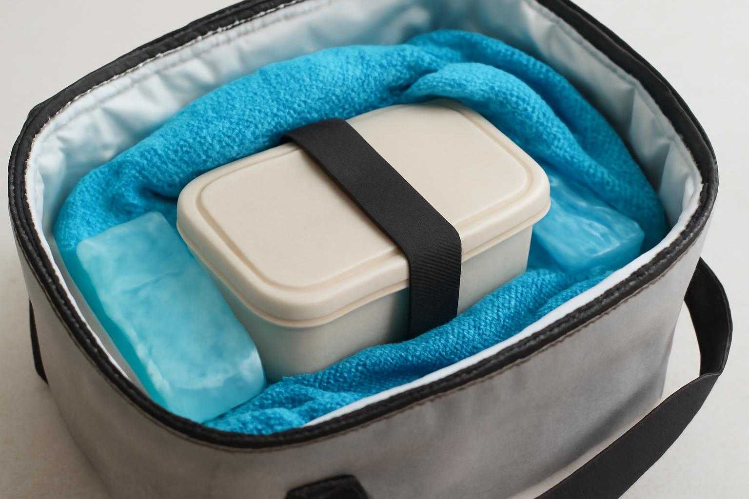 保冷剤が入った弁当箱とタオルで包まれたお弁当