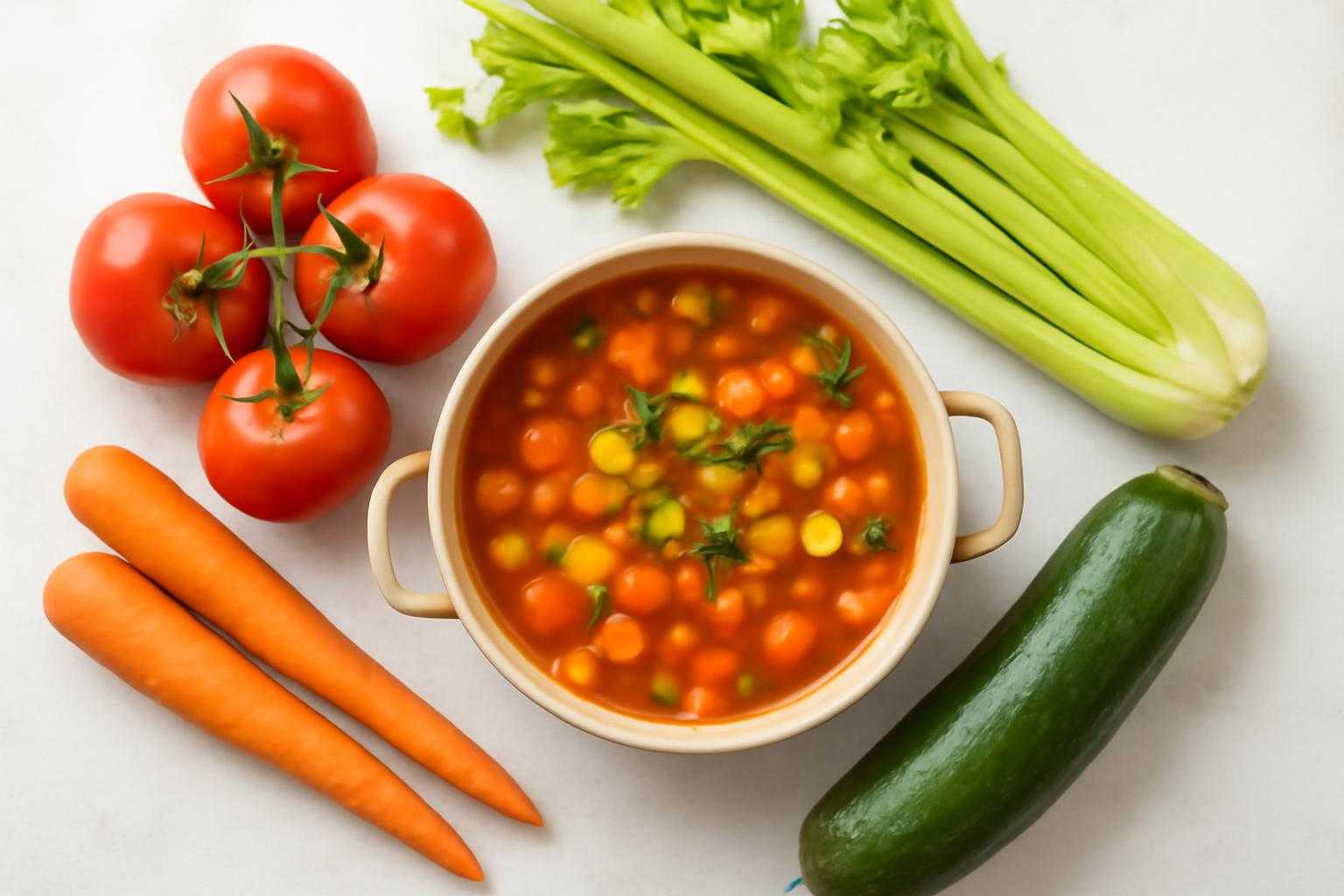 新鮮な野菜とトマトを使ってミネストローネを調理している様子