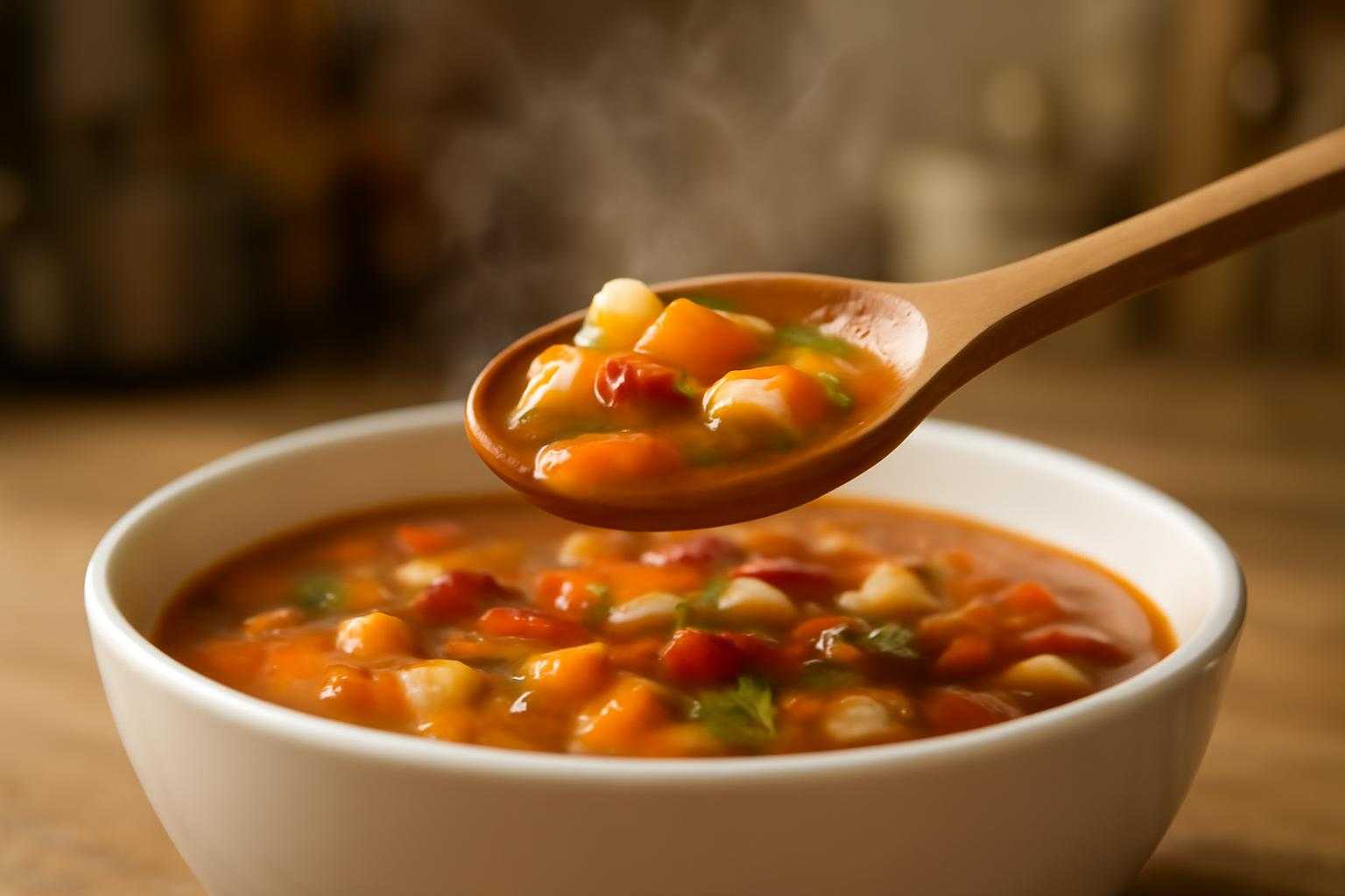 ミネストローネの味を確認するため、スプーンで試食している場面