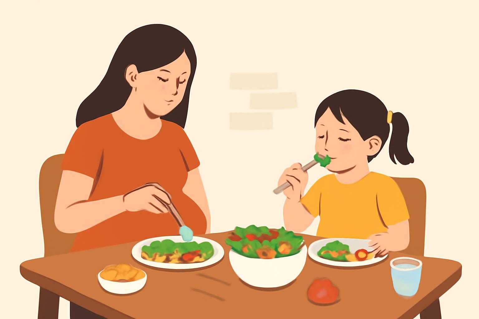 妊婦さんと子どもが食事をしている様子