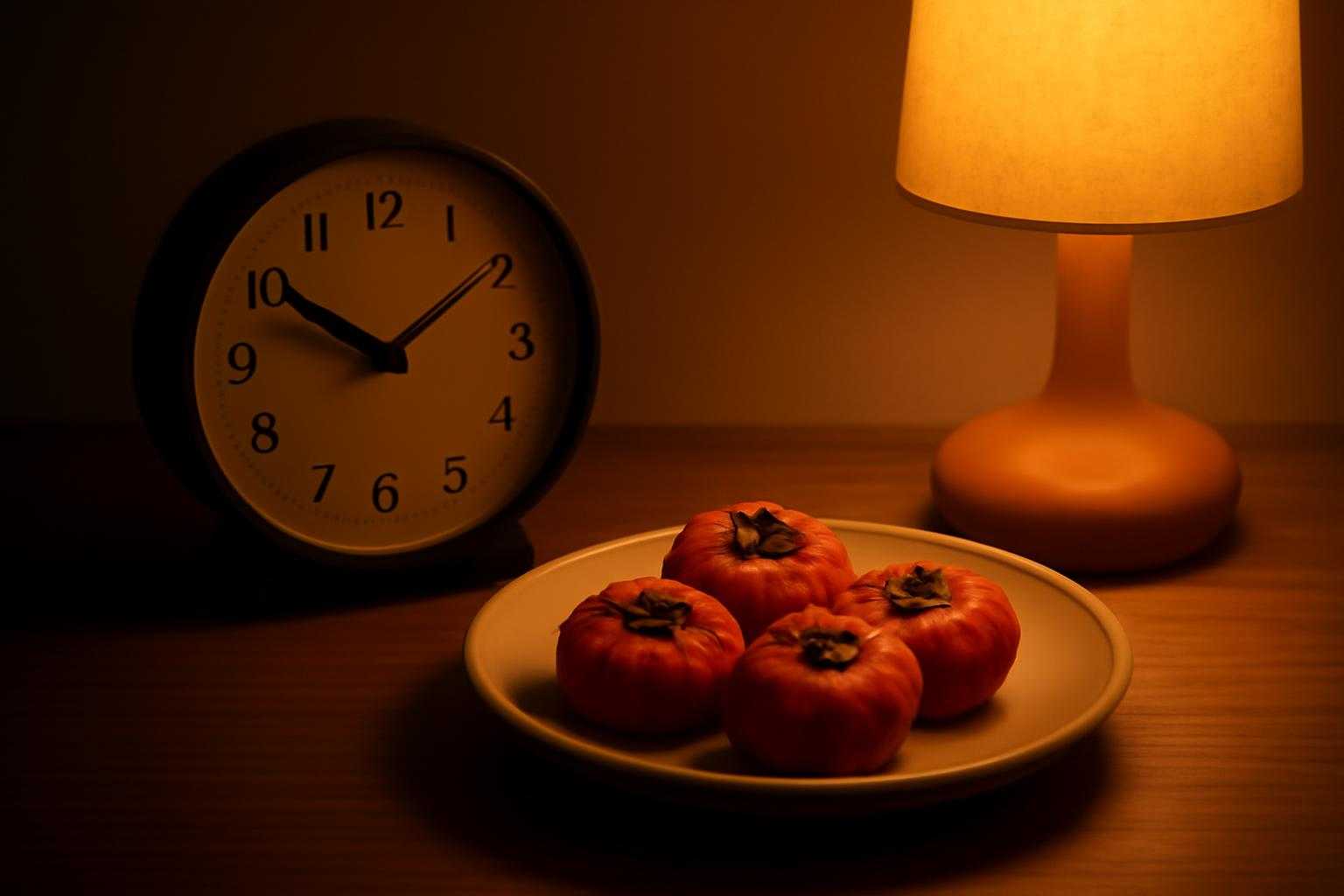 夜間に干し柿を食べる際の注意点を示す時計と食事のイメージ