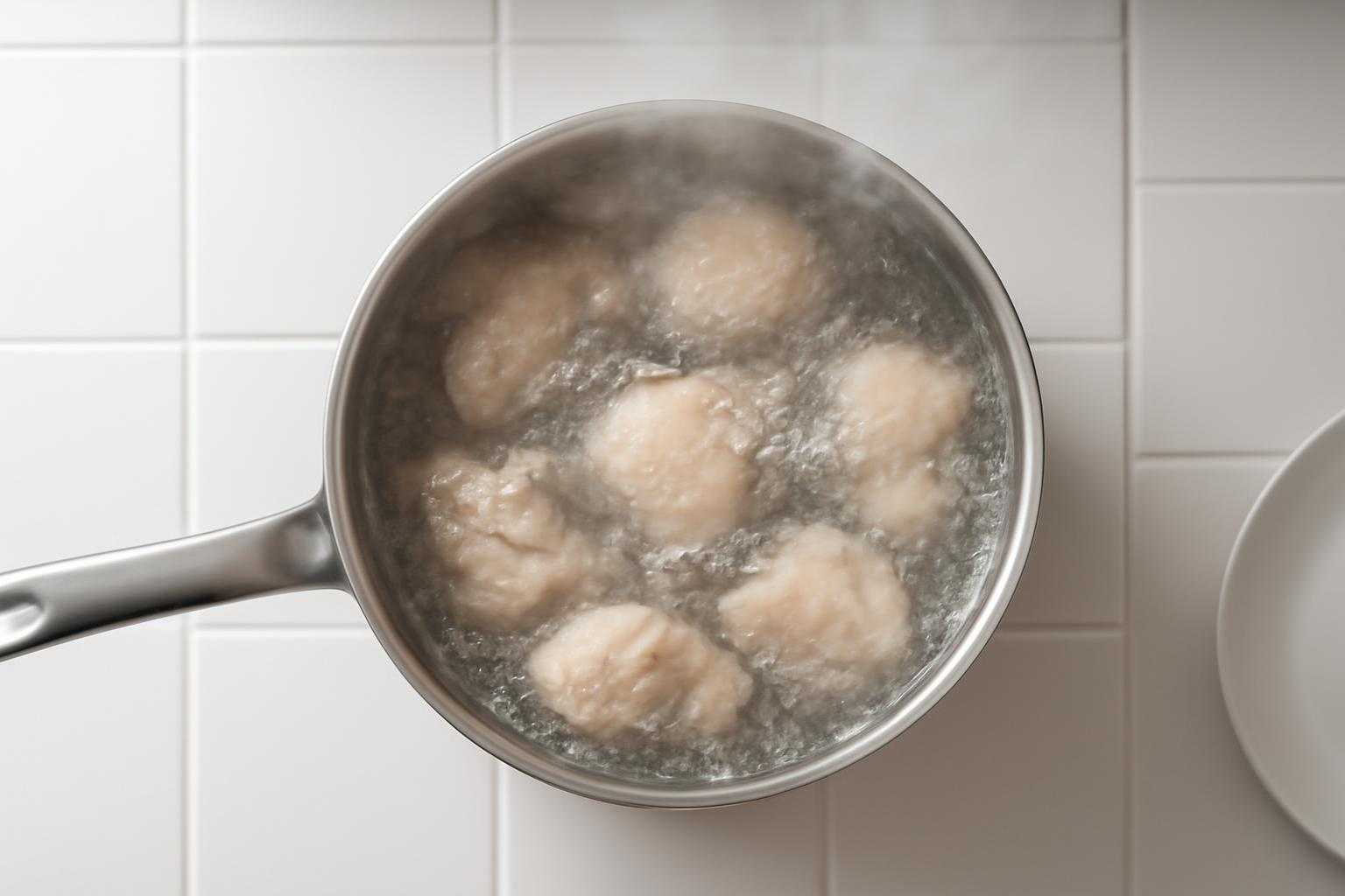 鶏肉を鍋で茹でている調理風景