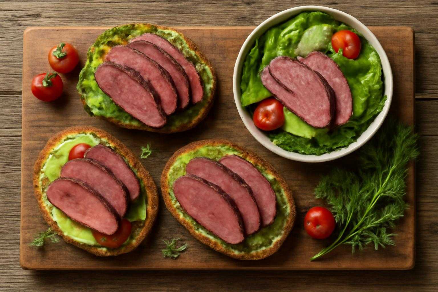 合鴨パストラミをサンドイッチやサラダにアレンジした料理