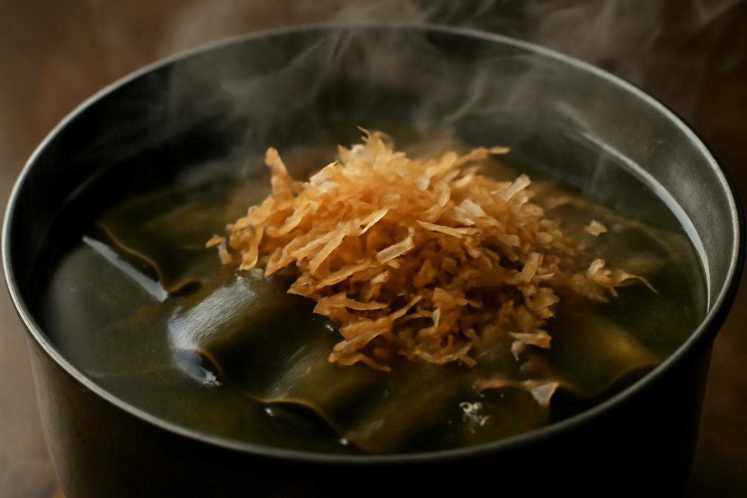 昆布とかつお節から出ているだしの湯気が立ち上っている様子