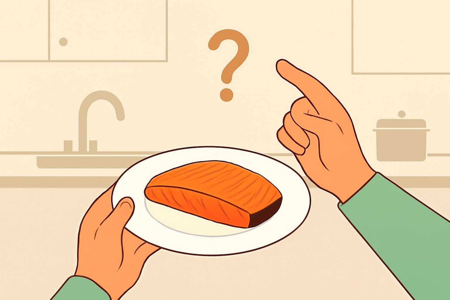 疑問を持ちながら鮭料理を見つめる手元のクローズアップ