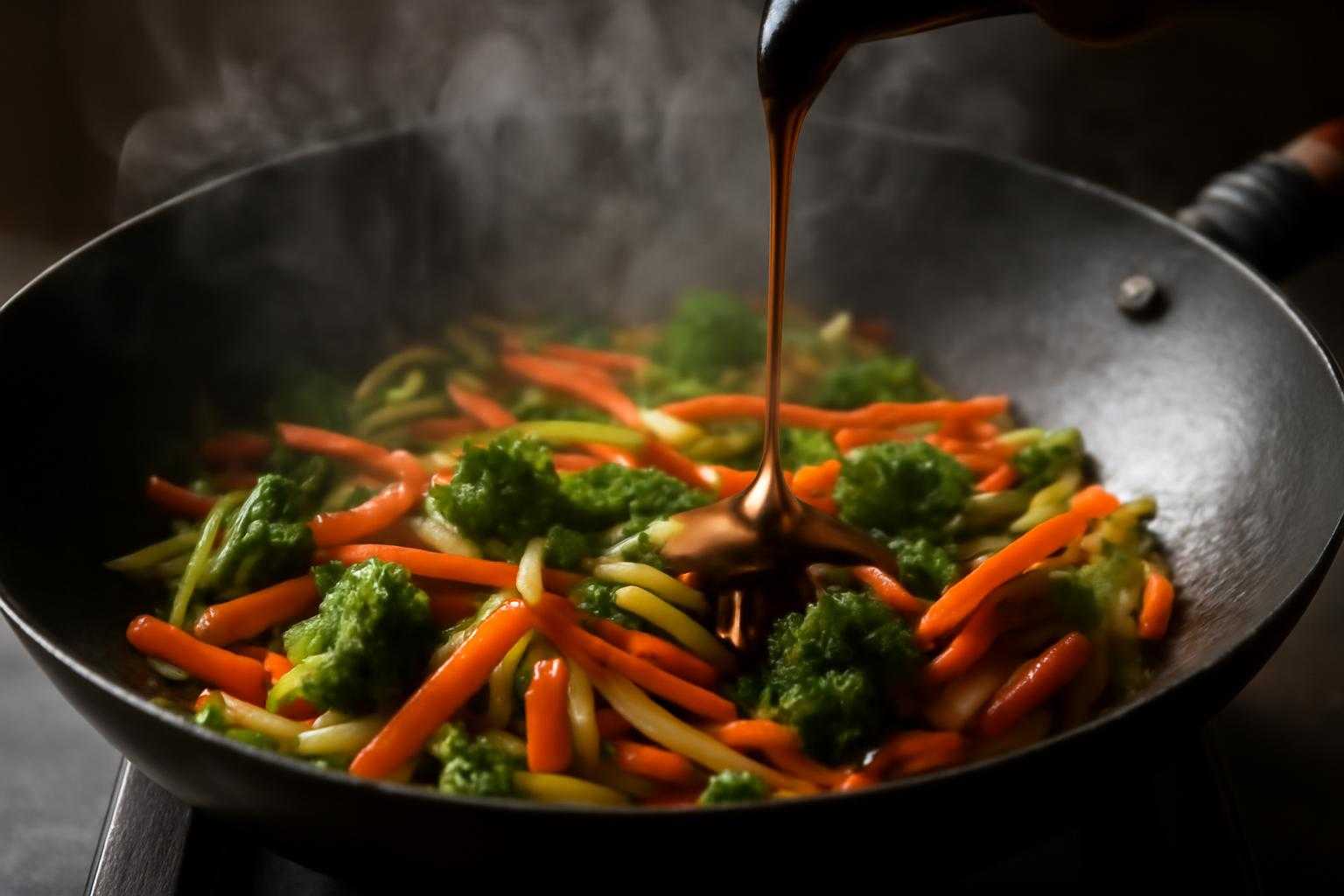 焼肉のたれを野菜炒めに加えながら調理する様子