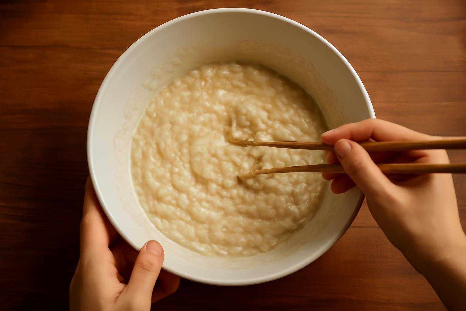 お好み焼き粉を使って調理中のボウルと混ぜている箸の様子